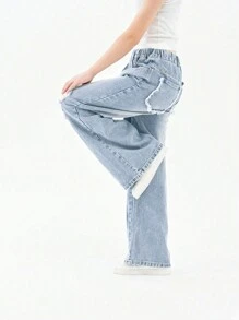 Tween Girl Straight Leg Ripped Jeans With A Relaxed Fit, Long Washed Denim Pants And Wide Leg Trousers - Blue - View 4