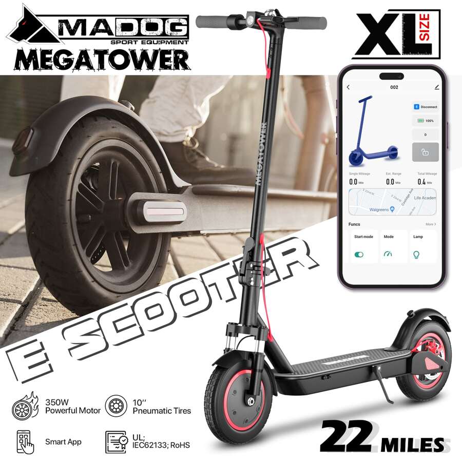 MADOG Electric Scooter With App-Enabled, E-Scooter Adults With 350W Motor, Up To 19 MPH & 22 Miles, Folding Electric Scooter With 10" Rubber Tires, Max Load 250lbs, Black - màu đen - Xem 1