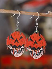 萬聖節恐怖南瓜骷髏頭吊飾耳環，復古木質哥德風雙面耳飾，萬聖節派對禮物 - 橘色 - 查看 6