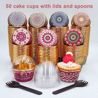 50入組帶蓋匙的烘焙杯，一次性杯形蛋糕杯（3種不同規格：無蓋/帶蓋/帶蓋匙），耐高溫紙杯蛋糕，鬆餅模具，烘焙工具，適用於婚禮和生日派對