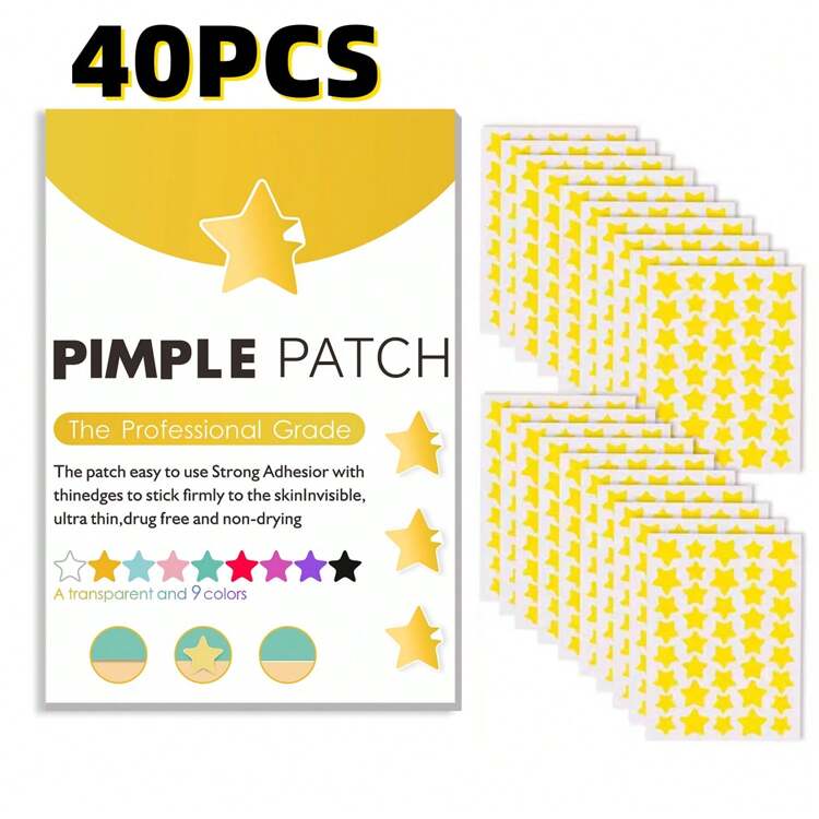 40/80/200/400/600/800 piezas de parches para acné en forma de estrella, etiqueta de cobertura de manchas para la piel facial, parches para espinillas para el acné - Dorado - Añade 5