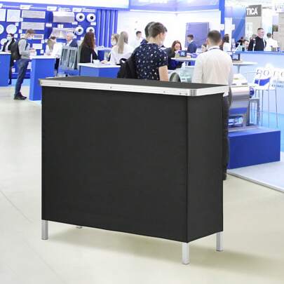 Folding Portable Bar Table, Tradeshow Podium Table For Indoor, Outdoor, Party, Picnic, Exhibition, Includes Carrying Case, Storage Shelf And  Black Skirt, 38.39" X 15.16" X 34.25"