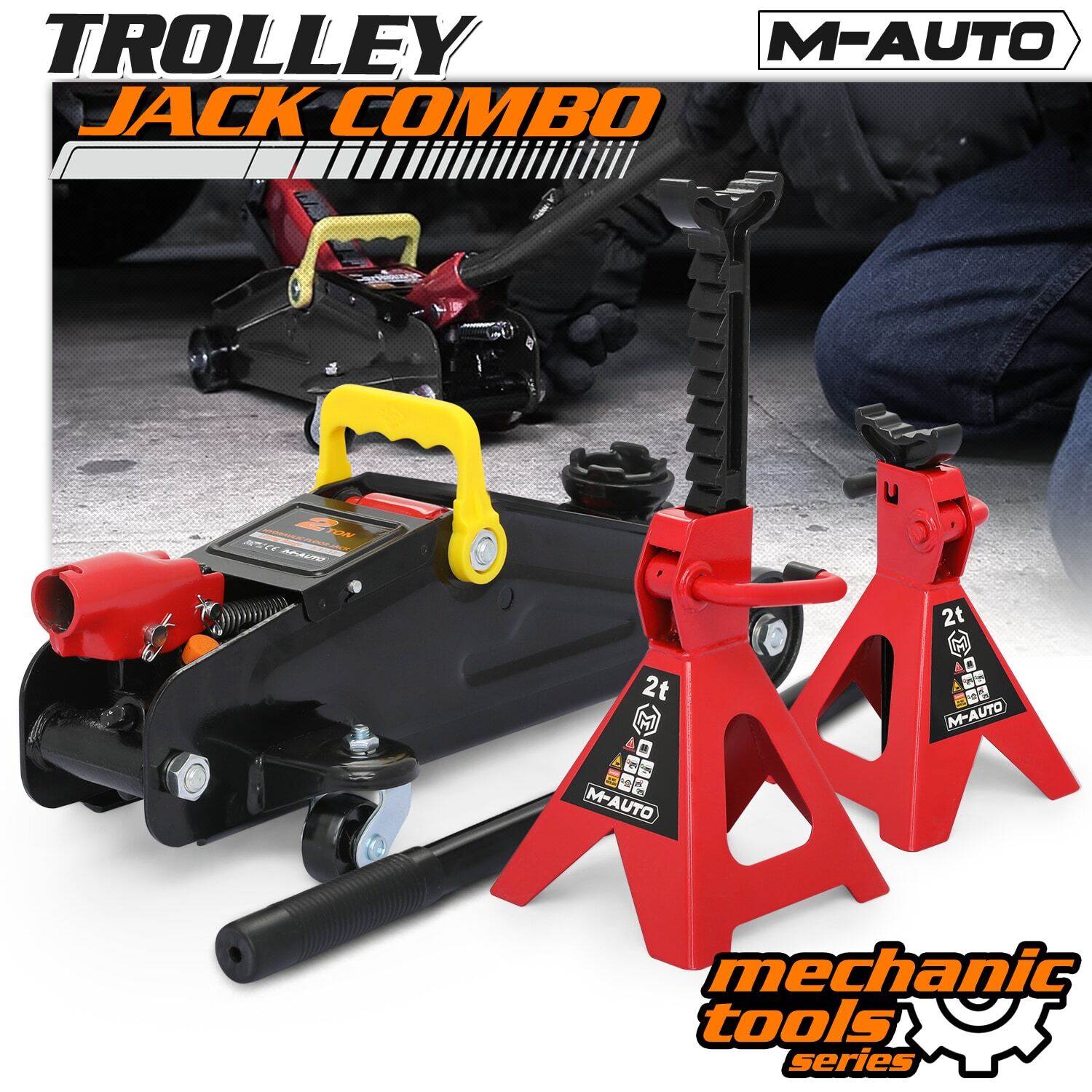 M-AUTO 3PC Jack & Stands Set Heavy Duty Manual Floor Jack With 2 