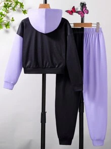 Tween Girl Spring/Autumn Purple Butterfly Pattern Hoodie And Sweatpant Set, Casual Style - Purple - View 2