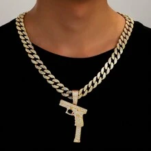1pc European And American Style Men's Fashion Personality Hip Hop Gun Shaped Pendant Necklace With Full Rhinestones, Suitable For Jewelry Festival Parties