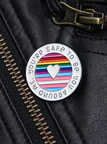 1 pièce Broche métal créative avec cercle géométrique, rayures arc-en-ciel et slogan anglais. Message chaleureux convenant pour le port quotidien des hommes et des femmes