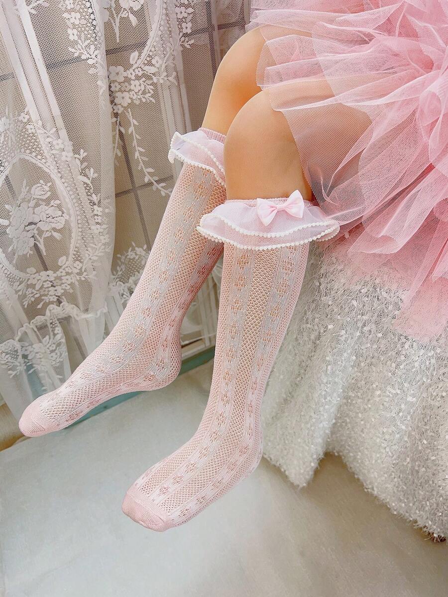 1pair Baby Girls' Cute Lace Decorated Mesh Socks - Dusty Pink - View 1
