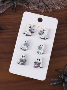 Ensemble de 3 paires de boucles d'oreilles de fantômes de livre mignons pour Halloween pour femmes, clous d'oreille vintage en bois gothique pour la soirée d'Halloween, cadeau pour amateur de livres pour Halloween
