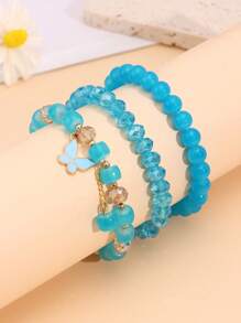 隨機1套3個美麗可愛的波西米亞風格脈輪珠 堆疊手鍊，蝴蝶吊墜，粉藍白紫色玻璃石，金珠珠寶套裝 - 彩色 - 查看 5