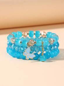 隨機1套3個美麗可愛的波西米亞風格脈輪珠 堆疊手鍊，蝴蝶吊墜，粉藍白紫色玻璃石，金珠珠寶套裝 - 彩色 - 查看 2