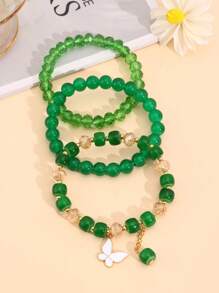 隨機1套3個美麗可愛的波西米亞風格脈輪珠 堆疊手鍊，蝴蝶吊墜，粉藍白紫色玻璃石，金珠珠寶套裝 - 彩色 - 查看 3