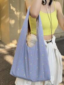 2024新款休闲森系学生单肩包，日系大容量帆布托特包，文艺法式复古大学女生腋下包，2024夏季系列 - 藍色 - 查看 6