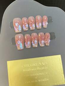 10入組極光彩虹鑽石漸層法式粉色貼片指甲，閃亮的閃爍膠片貼式假指甲，適用於長棺形指甲，特別適合孕婦和學生 - 珊瑚粉 - 查看 3