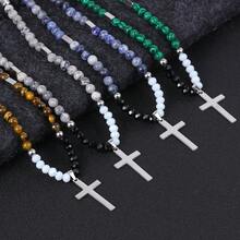 Men's Stainless Steel Tiger Eye Beaded Cross Pendant Necklace - Silver - View 11