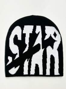 1pc Knitted Star Pattern Hat With Letter Design, Unisex Warm Beanie Made Of Acrylic Fiber, For Casual Outing In Cold Weather