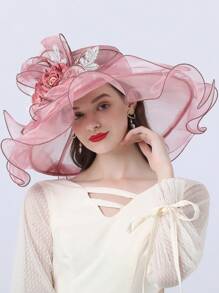 HIMESPORT 优雅花卉婚礼新娘头饰帽 - 宽檐薄纱头饰，适合教堂仪式、春季赛马嘉年华和2025年肯塔基德比 - 女士时尚礼服帽 - 純色 - 查看 6