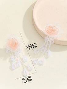 MESTILO 1 Pair Vacation Style Heavily Embellished Chiffon, Bead & Crystal Flower Tassel Earrings, Suitable For Women's Daily Wear And Vacation