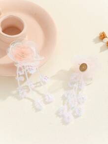 MESTILO 1 Pair Vacation Style Heavily Embellished Chiffon, Bead & Crystal Flower Tassel Earrings, Suitable For Women's Daily Wear And Vacation