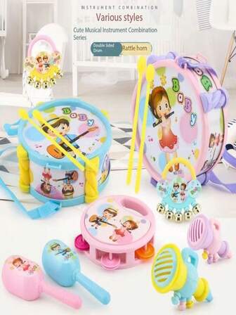 1套嬰兒早期教育手鼓玩具，嬰兒教育手搖鈴鼓，兒童哨子號角沙鈴樂器