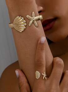 1套女裝時尚套裝，極簡海洋風格，個性化海貝殼、海星、金色手鐲、戒指套裝，適用於日常通勤、派對等 - 海星貝殼套裝 - 查看 10