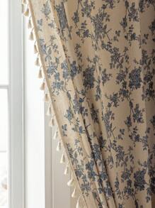 1pc Elegant Vintage Floral Printed Curtain, Beige Tassel Semi-Sheer Kitchen Short Curtain, Room Divider, Suitable For Home, Bedroom, Study, Living Room, Balcony, Terrace, Window Decoration, All Season