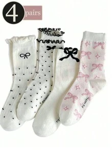 4 pares de calcetines de media caña con moño para niñas, envío aleatorio, ligero y transpirable, calcetines versátiles de ins en blanco y negro para primavera y verano