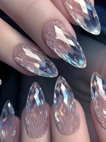 24片卡其貓眼迷幻閃光長杏仁形指甲連1塊甲梳和1支果凍膠 - 彩色 - 查看 1