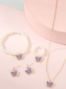 5 piezas / Conjunto de joyas colgante de mariposa para niñas, Incluyendo collar, pulsera, anillo, aretes - A - Ver 15