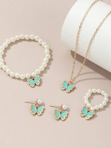 5 piezas / Conjunto de joyas colgante de mariposa para niñas, Incluyendo collar, pulsera, anillo, aretes - A - Ver 11