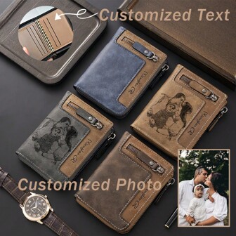 1pc Customized Men's Retro Short Wallet, Multifunctional Fashion Zipper PU Leather Wallet, Personalized Father's Day Gift, Engraved Leather Money Holder, Dad Wallet, Anniversary, Birthday, Wedding Or Boyfriend/Husband/Dad Gift
