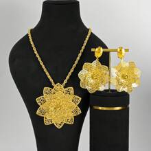 3 pièces/Ensemble Bijoux de luxe de Dubaï pour femmes, gros pendentif, collier, boucles d'oreilles, accessoires de mariage, de soirée, de couleur or jaune, style africain