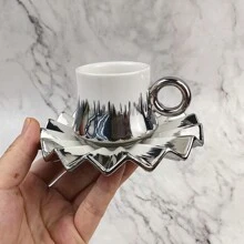 1 Set 2pcs Electroplate Gold/Silver/White Ceramic Coffee Mug & Saucer, 90ml Capacity Back To School - Multicolor - View 18