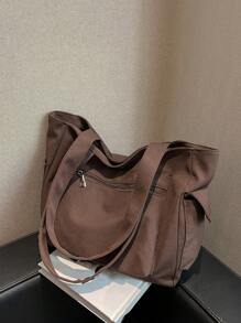 Bolso de hombro de gran capacidad de unicolor con múltiples bolsillos, bolso de tela portátil para ir al trabajo, viajar, ir a la escuela y hacer compras - Marrón - Ver 6