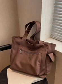 Bolso de hombro de gran capacidad de unicolor con múltiples bolsillos, bolso de tela portátil para ir al trabajo, viajar, ir a la escuela y hacer compras - Marrón - Ver 8