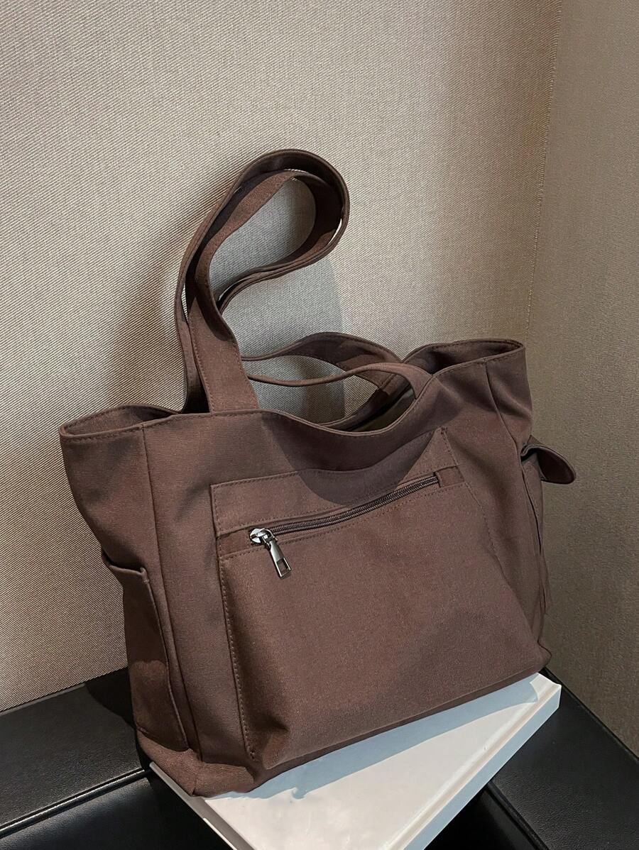 Bolso de hombro de gran capacidad de unicolor con múltiples bolsillos, bolso de tela portátil para ir al trabajo, viajar, ir a la escuela y hacer compras - Marrón - Ver 1