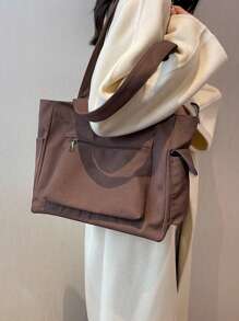 Bolso de hombro de gran capacidad de unicolor con múltiples bolsillos, bolso de tela portátil para ir al trabajo, viajar, ir a la escuela y hacer compras - Marrón - Ver 3