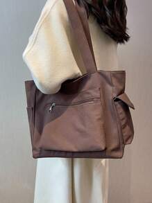 Bolso de hombro de gran capacidad de unicolor con múltiples bolsillos, bolso de tela portátil para ir al trabajo, viajar, ir a la escuela y hacer compras - Marrón - Ver 5