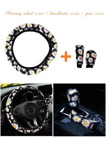 3pcs Fabric Waterproof Steering Wheel Cover, Handbrake Cover And Gear Shift Cover, Suitable For 14.5-15 Inch Universal Car, With Daisy, Panda And Bear Paw Print Design