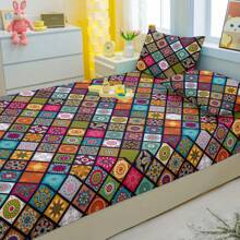 Ensemble de literie moderne à motif bohème de 3 pièces - Ensemble de draps et de couvre-lits doux et confortables pour la chambre à coucher, la chambre d'amis et le dortoir (comprenant 1 drap housse et 2 taies d'oreiller)