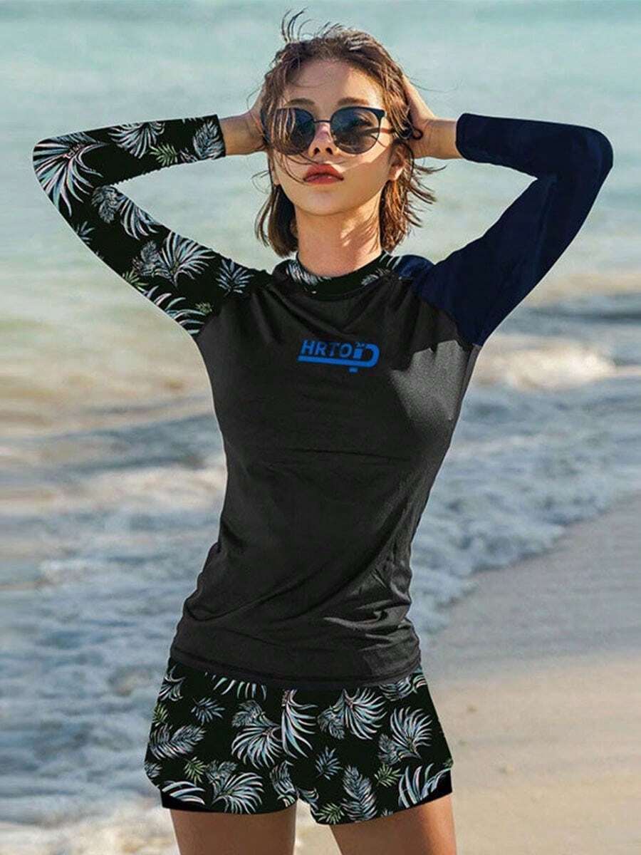 Bikini Trajes de baño árbol de coco con estampado manga larga Bañador Camiseta con Shorts deportivos Buceo y surf Conjuntos de baño para mujer - Negro - Ver 1
