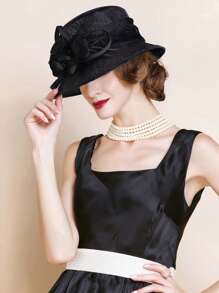 HIMESPORT 英国 Sinamay 女士婚礼帽 优雅花朵宽边软呢帽 2024 亚麻肯塔基德比帽 茶会礼服 - 藍白色 - 查看 10