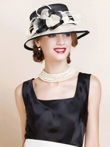 HIMESPORT 英国 Sinamay 女士婚礼帽 优雅花朵宽边软呢帽 2024 亚麻肯塔基德比帽 茶会礼服 - 藍白色 - 查看 7