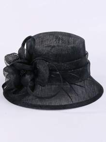 HIMESPORT 英国 Sinamay 女士婚礼帽 优雅花朵宽边软呢帽 2024 亚麻肯塔基德比帽 茶会礼服 - 藍白色 - 查看 11