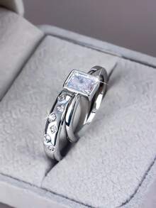 1 Bộ Nhẫn rỗng hình chữ nhật và kim cương cổ điển có khảm Zirconia tròn sáng bóng, thích hợp cho các cặp đôi, đi du lịch, chụp ảnh, đa năng và phong cách, món quà lý tưởng cho người quan trọng, bạn bè hoặc lễ tỏ tình - Bạc - Xem 6