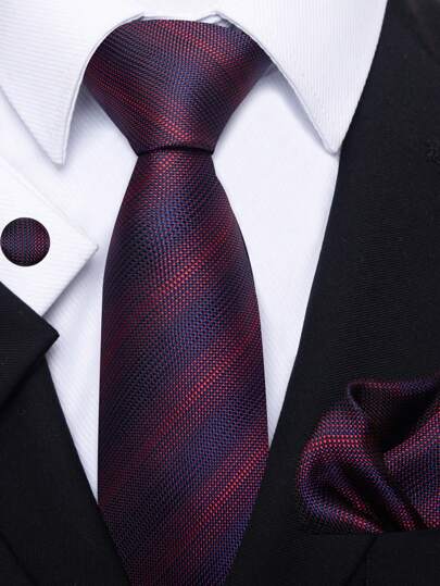 1 set Corbata roja, Pañuelo de bolsillo y Juego de gemelos, Corbata a rayas de 8 cm de ancho adecuada para vacaciones, boda, trabajo para hombres