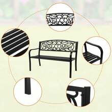 Outdoor Steel Garden Bench Park Bench, 50 Inch Patio Welcome Bench With Slated Seat & Floral Design Backrest - Black - View 6