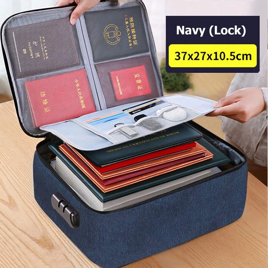 DocDocument Bag With Lock, Flame Resistant 3-Layer File Storage Case With Water-Resistant Zipper, Document Portable Travel Home Organizer Bag For Laptop, Files, Certificates, Gifts For Him, Black - Navy Blue - View 1