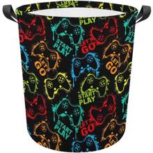 Controller de jocuri Coș de depozitare pliabil Gamer Art Coș de rufe pentru jocuri - 19,6 in (H) X 15,7 in (L), 1 coș rotund pentru rufe și 1 coș dreptunghiular, coș pentru rufe pentru băieți, coș pentru rufe murdare, geantă organizatoare de haine murdare Coș de cadou pentru camera de zi Camera băieților Dormitor Baie Decor camerei de jocuri - Negru - Vizualizare 11