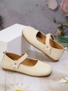 1 Đôi giày bệt cho bé gái, đế PU có móc và vòng hoa, mũi tròn, đế TPR chống trượt, nhẹ, thoải mái, màu trơn, phù hợp cho học sinh từ 5-14 tuổi, dùng ở nhà, đi học, ngày lễ và biểu diễn - Màu be - Xem 2