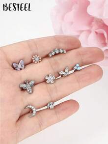 BESTEEL 1PC Cartilage Earrings Stud For Women Flat Back Earrings Opal Butterfly Flower CZ Cartilage Earrings Tragus Helix Piercing Jewelry - Steel - View 2